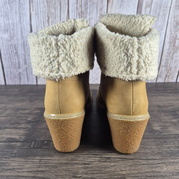 TIMBERLAND Earthkeepers Amston Roll Top Cozy Wedge Boots Women's Sz 8 Wheat Tan - Picture 4 of 10